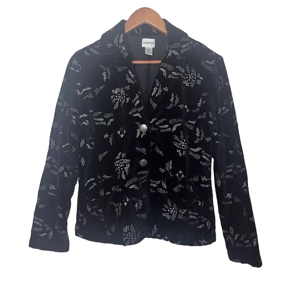 Chico’s Black Velvet Silver Embroidered Button Blazer Jacket Size Small 0
